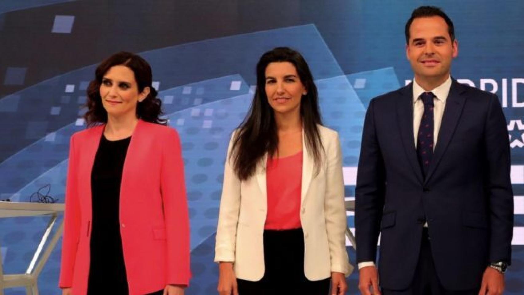 Isabel Díaz Ayuso, Rocío Monasterio e Ignacio Aguado, en un debate electoral.