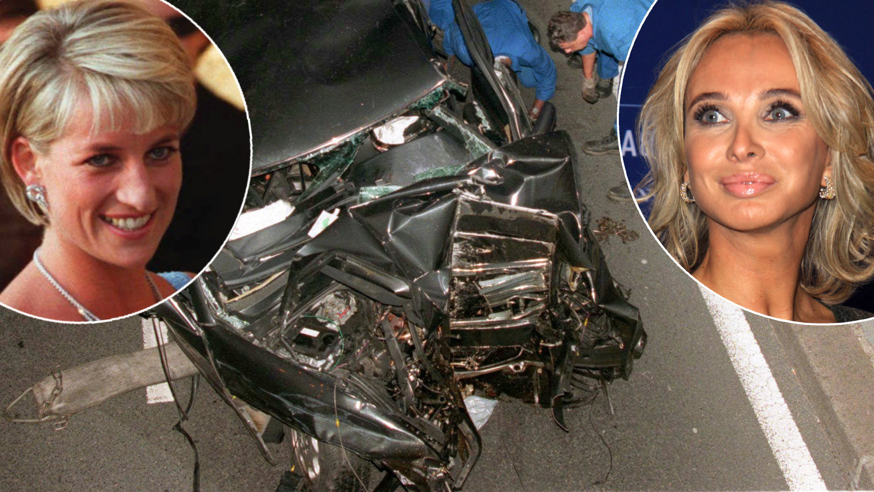 Diana, princesa de Gales, y Corinna, ex amante del rey emérito. En medio, el coche siniestrado donde murió Diana.
