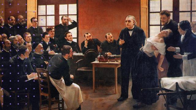 Cuadro sobre una sesión de hipnosis de Chacrot a una mujer enferma de histeria en Salpêtrière.