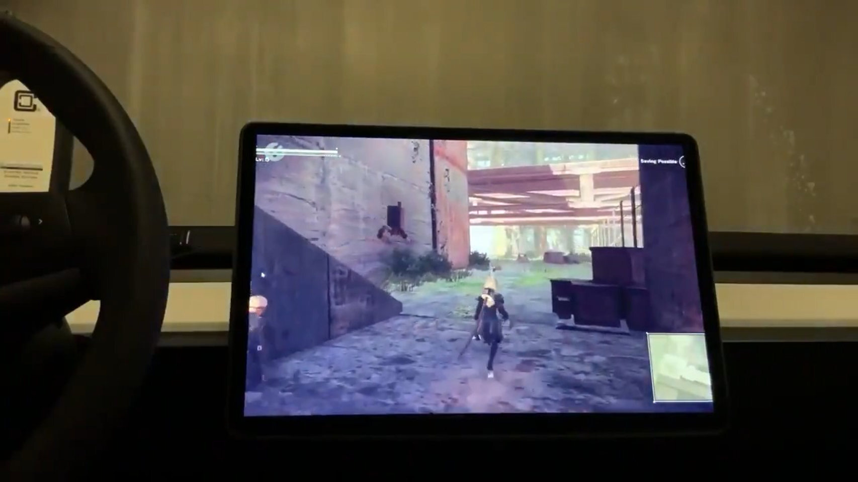 Nier:Automata, un videojuego de ordenador, en un Tesla Model 3