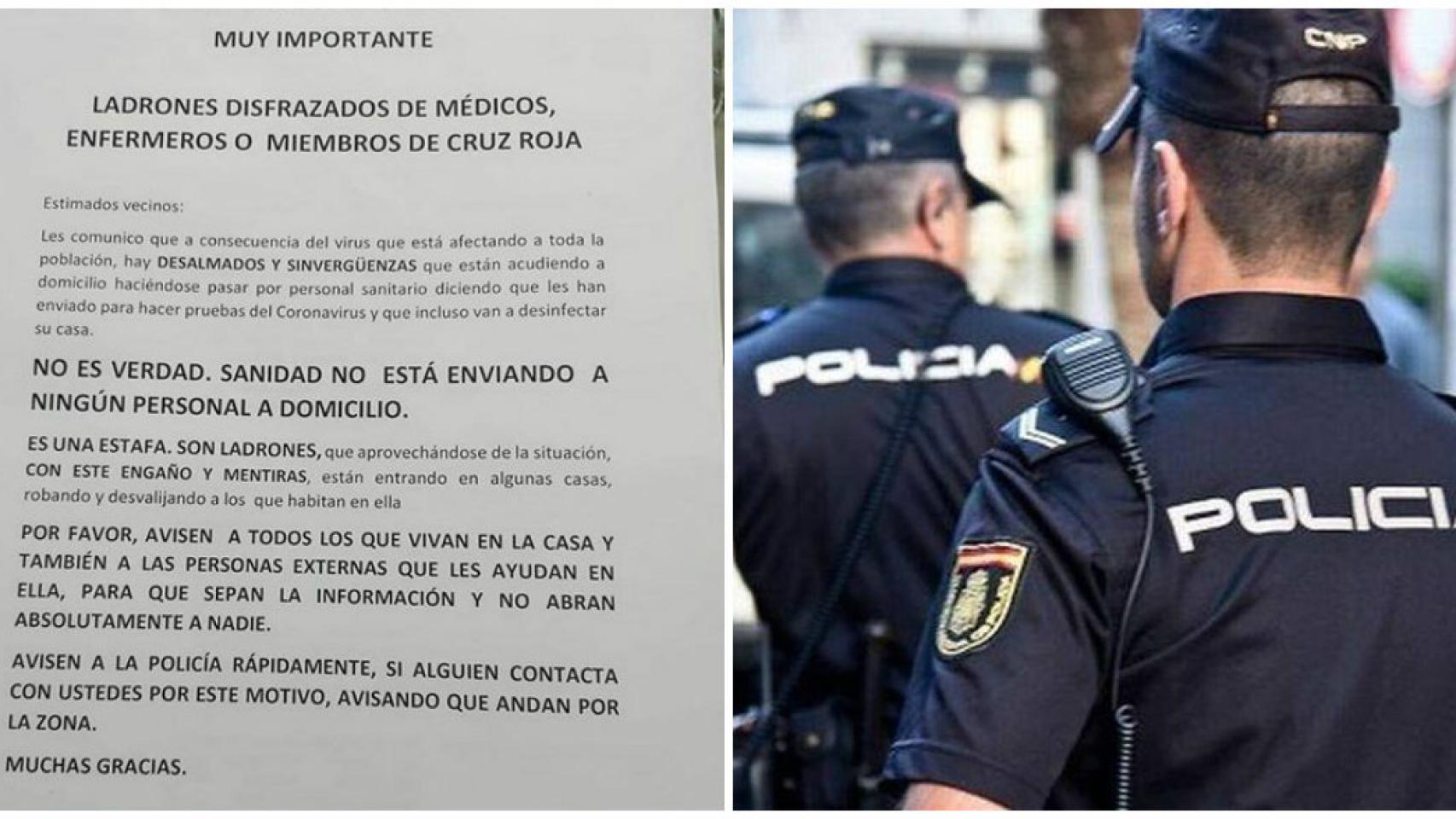 Nota difundida para alertar del peligro de los falsos sanitarios.