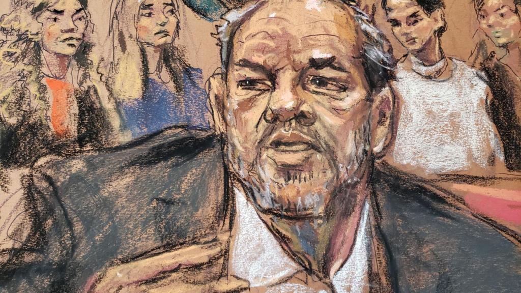 Dibujo de Harvey Weistein en el momento de la lectura de la sentencia.