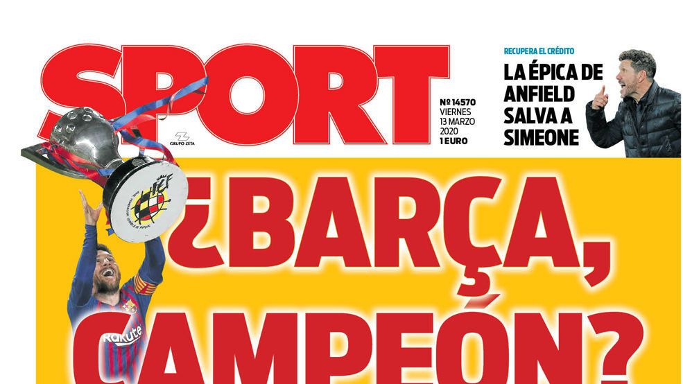 La portada del diario Sport (13/03/2020)