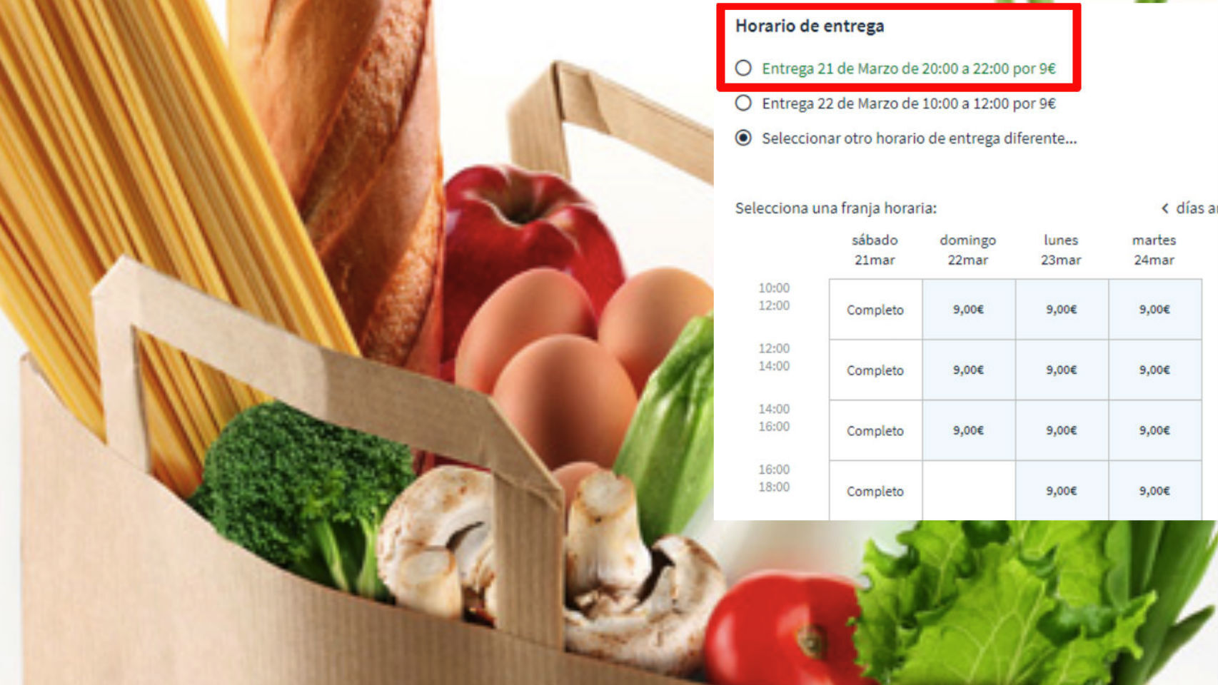 Un cesta de la compra, junto a un pantallazo del retraso del reparto del compra 'online' en todos los comercios.