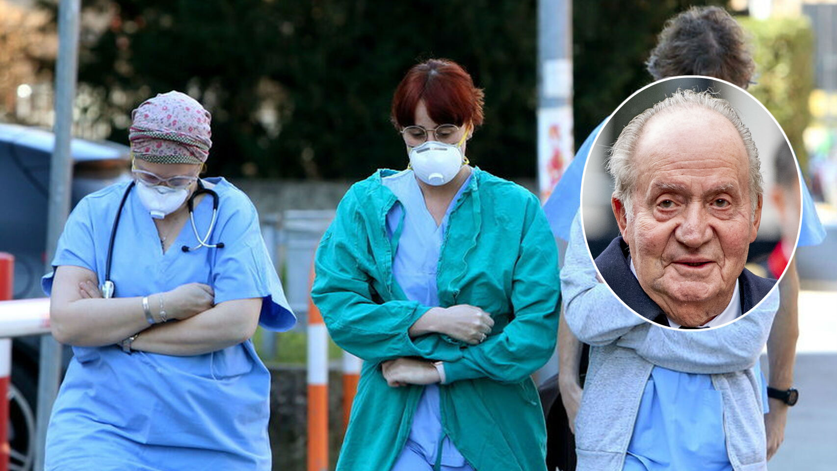 Personal sanitario con su indumentaria de trabajo y el rey emérito Juan Carlos I.