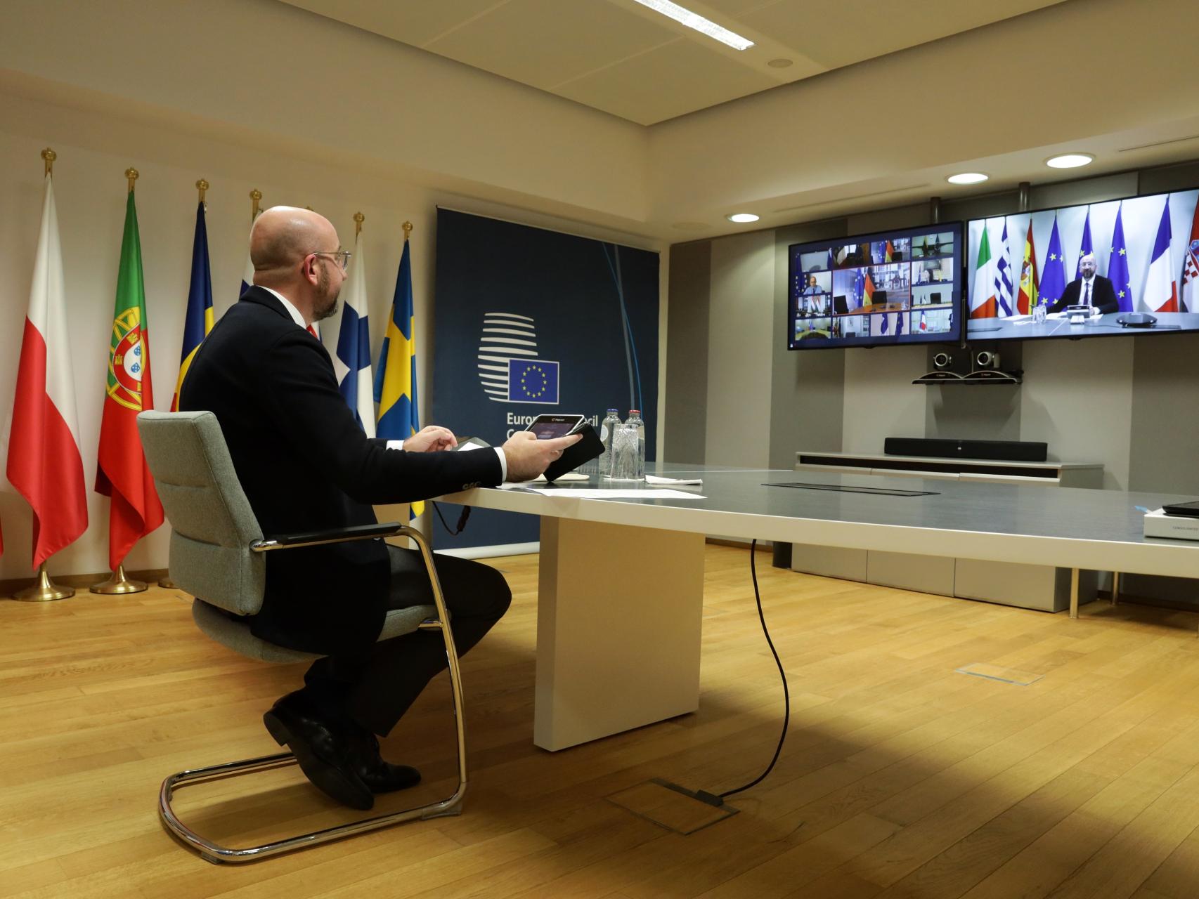 Charles Michel, durante la videocumbre de líderes europeos este jueves