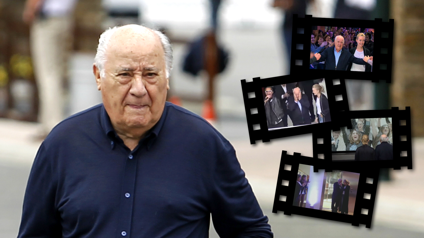Amancio Ortega en un montaje de JALEOS junto a algunos fotogramas del vídeo con motivo de su 80 cumpleaños.