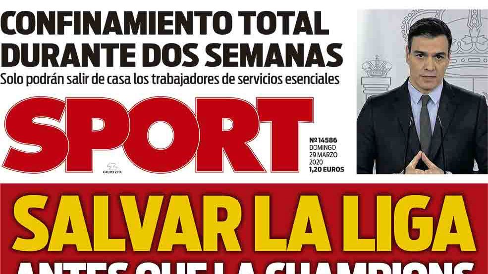 La portada del diario Sport (29/03/2020)