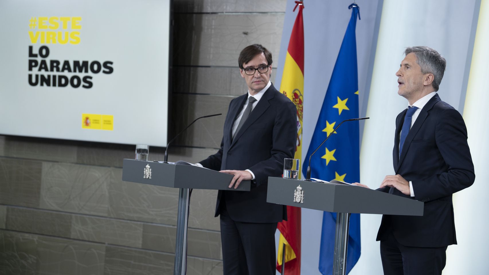 Los ministros de Sanidad, Salvador Illa, y del Interior, Fernando Grande-Marlaska, en rueda de prensa.