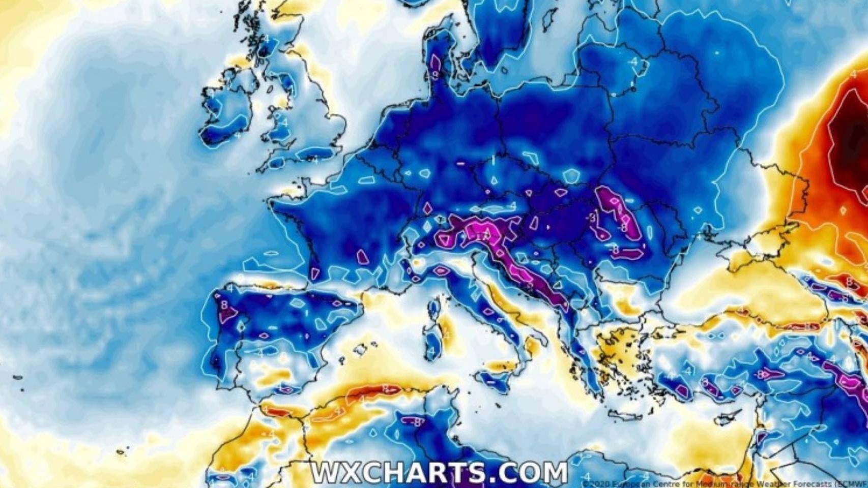 Ilustración de las anomalías de temperaturas en Europa durante el temporal. Severe-weather.eu.