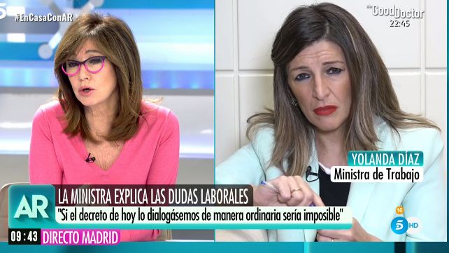 La ministra Yolanda Díaz durante un momento de la entrevista en el programa de Ana Rosa.