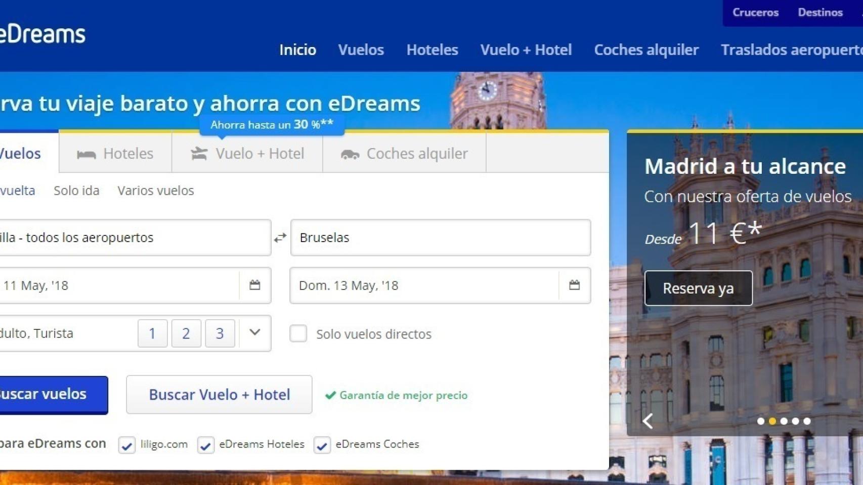 Pantallazo de la web de eDreams.