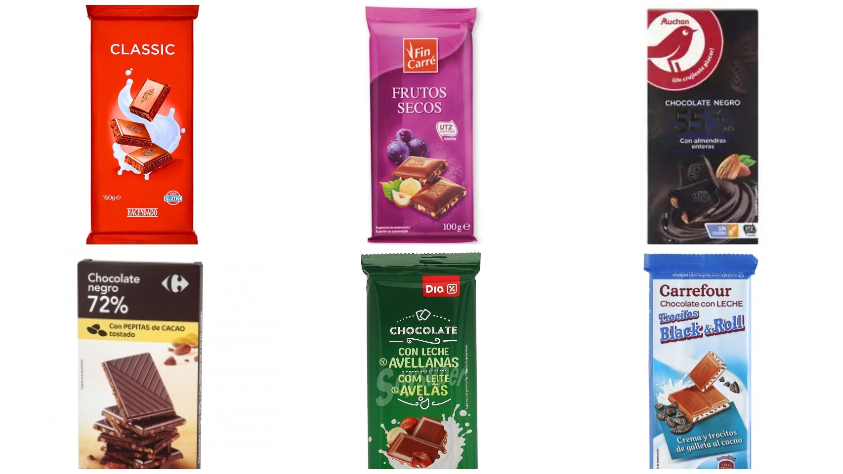 Tabletas de chocolate de marca blanca de Alcampo, Carrefour, Mercadona, Dia, Aldi y Lidl.