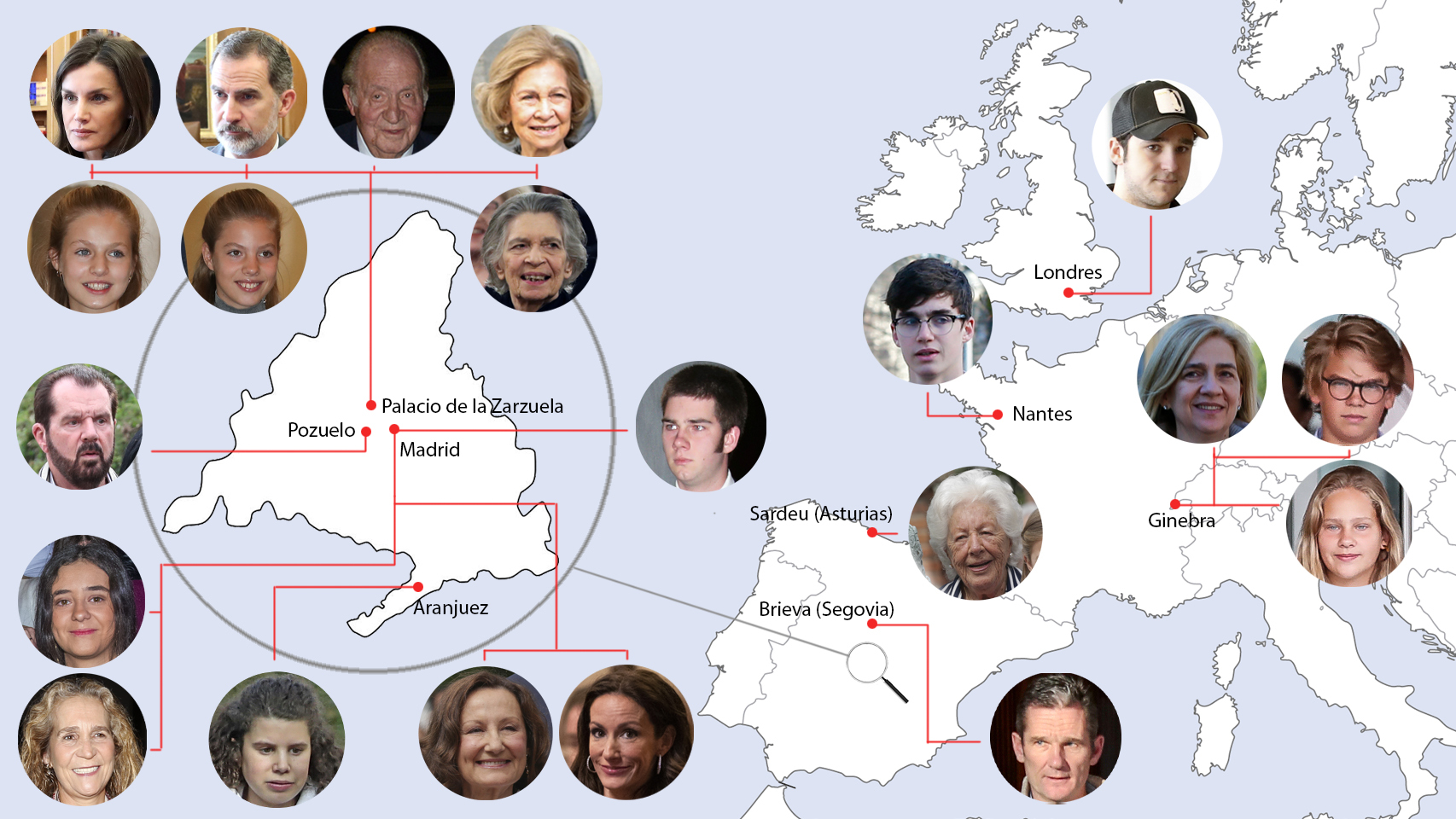 El mapa de los Borbón y Grecia y los Ortiz Rocasolano, confinados en Europa.