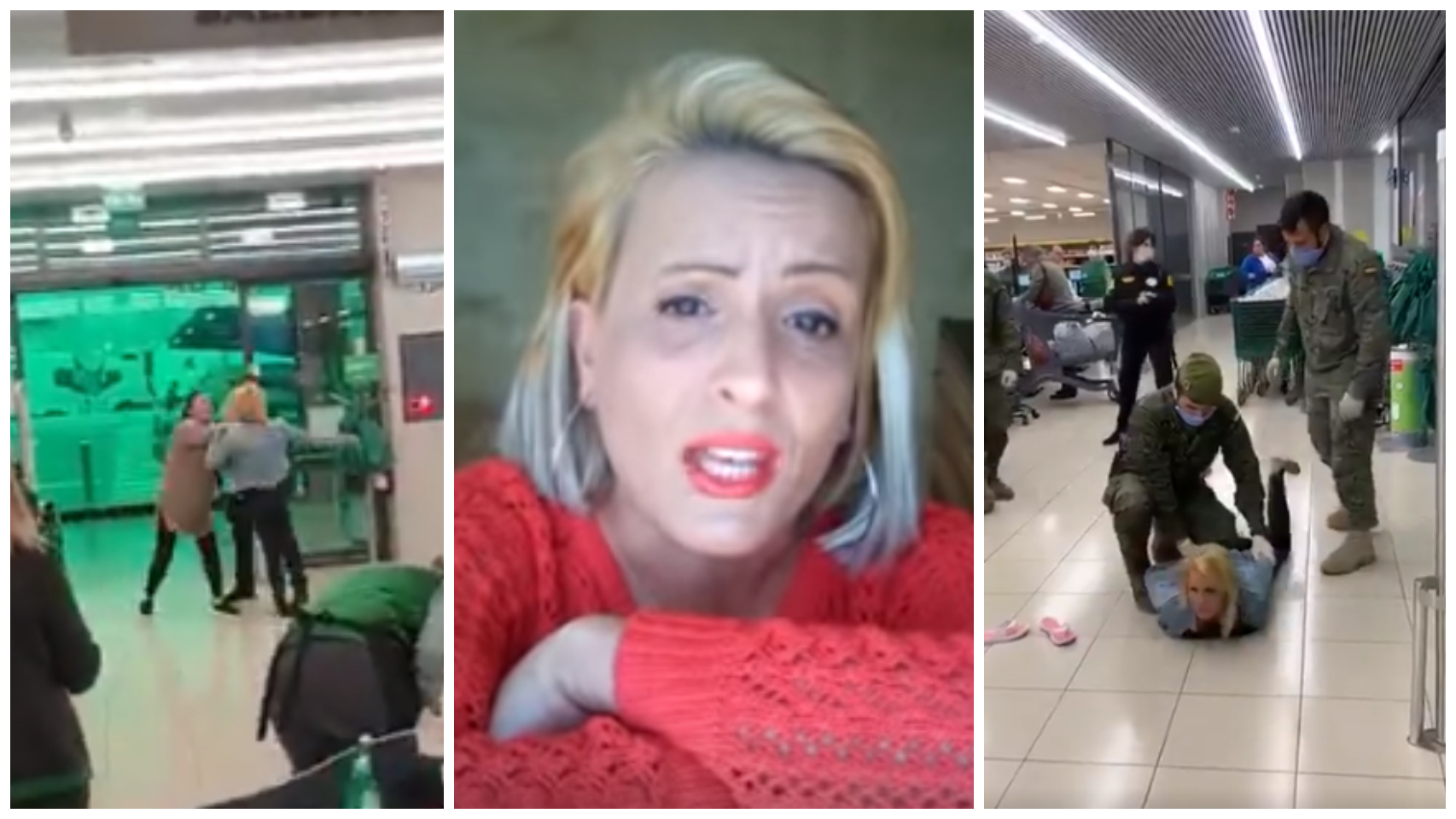 En la izquiera, la mujer agrediendo a los empleados y, en la derecha, en el momento de su detención.