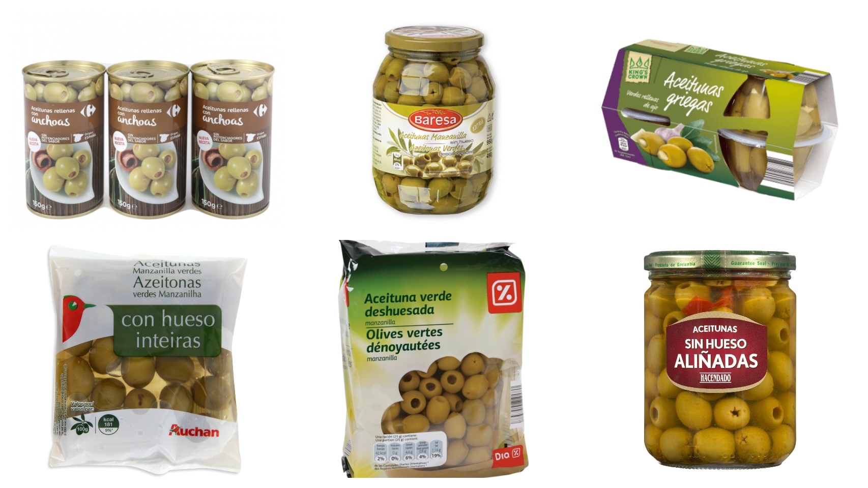 Aceitunas de marca blanca de Mercadona, Alcampo, Carrefour, Dia, Aldi y Lidl.