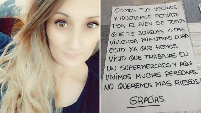 A la izq. Miriam, la cajera de supermercado afectada; a la dcha. La nota anónima de sus vecinos.