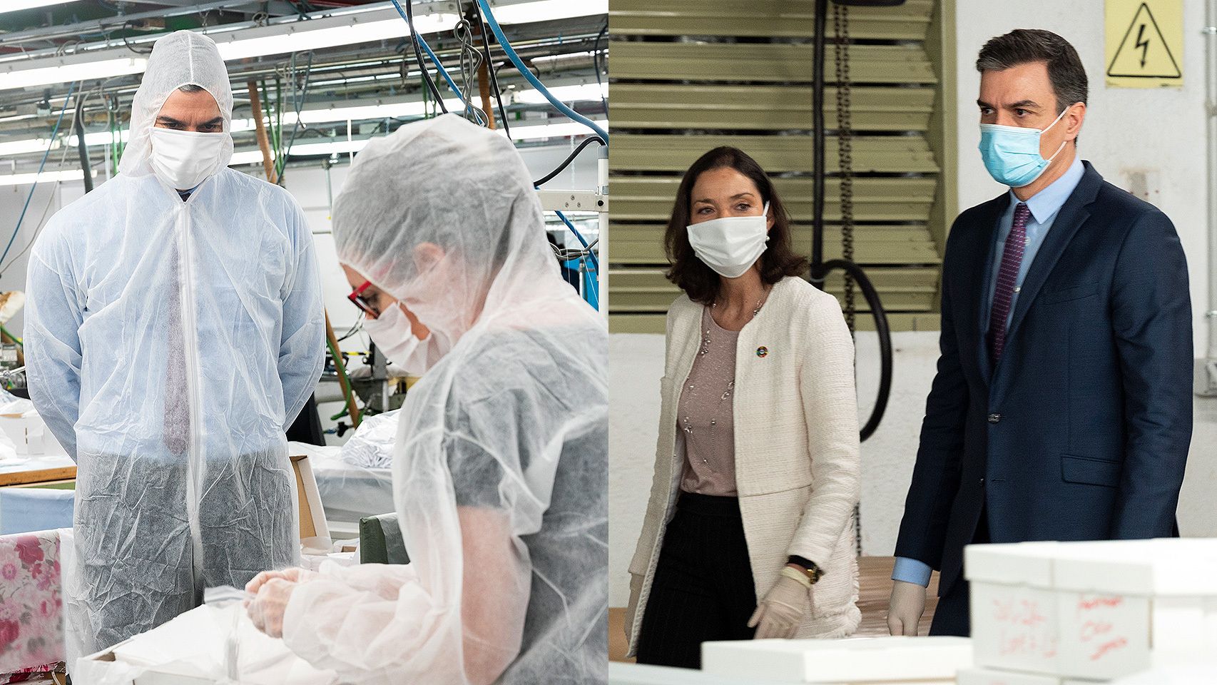 Pedro Sánchez, totalmente protegido dentro de la fábrica, y con la ministra Reyes Maroto, a su llegada a las instalaciones.