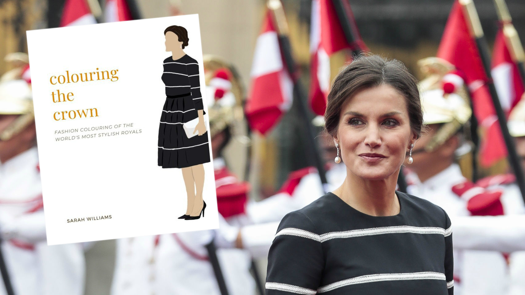 La reina Letizia y el libro 'Colouring the Crown' en un montaje de Jaleos.