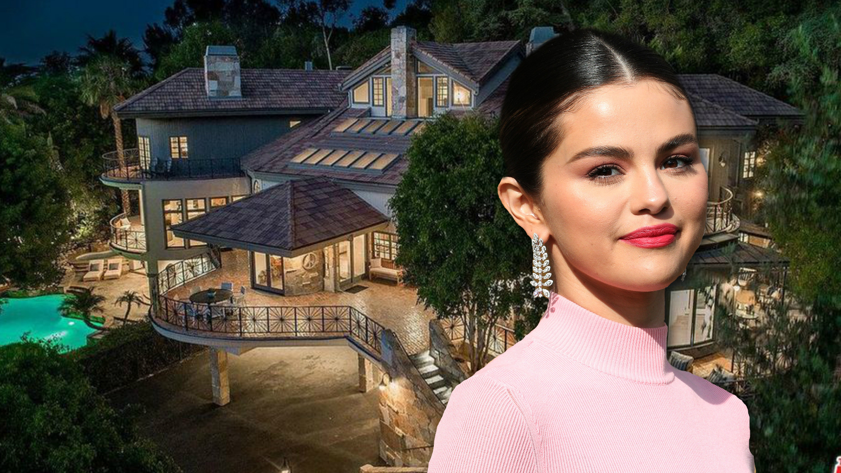Selena Gómez en un montaje de JALEOS junto a la casa que se acaba de comprar.