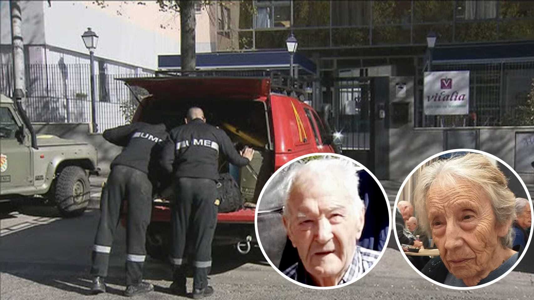 Dos de los ancianos fallecidos y la UME llevándose cadáveres de la residencia.