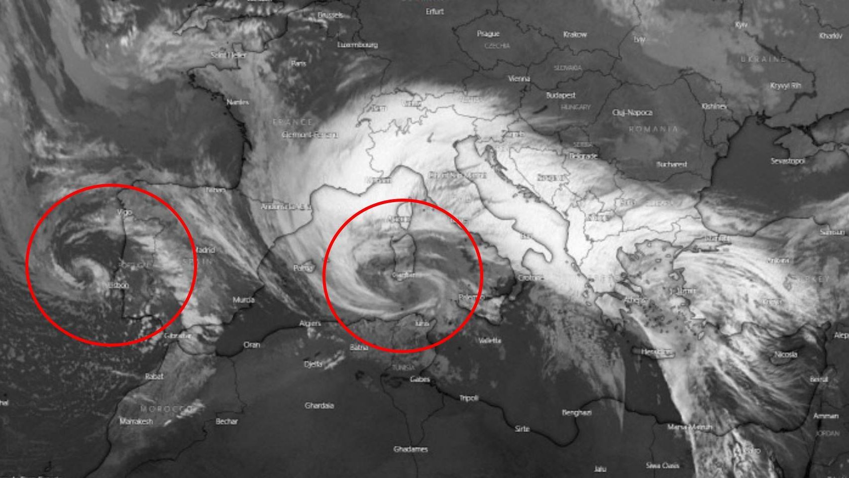 Las dos borrascas, una al oeste y otra al este de España. Severe-weather.eu.