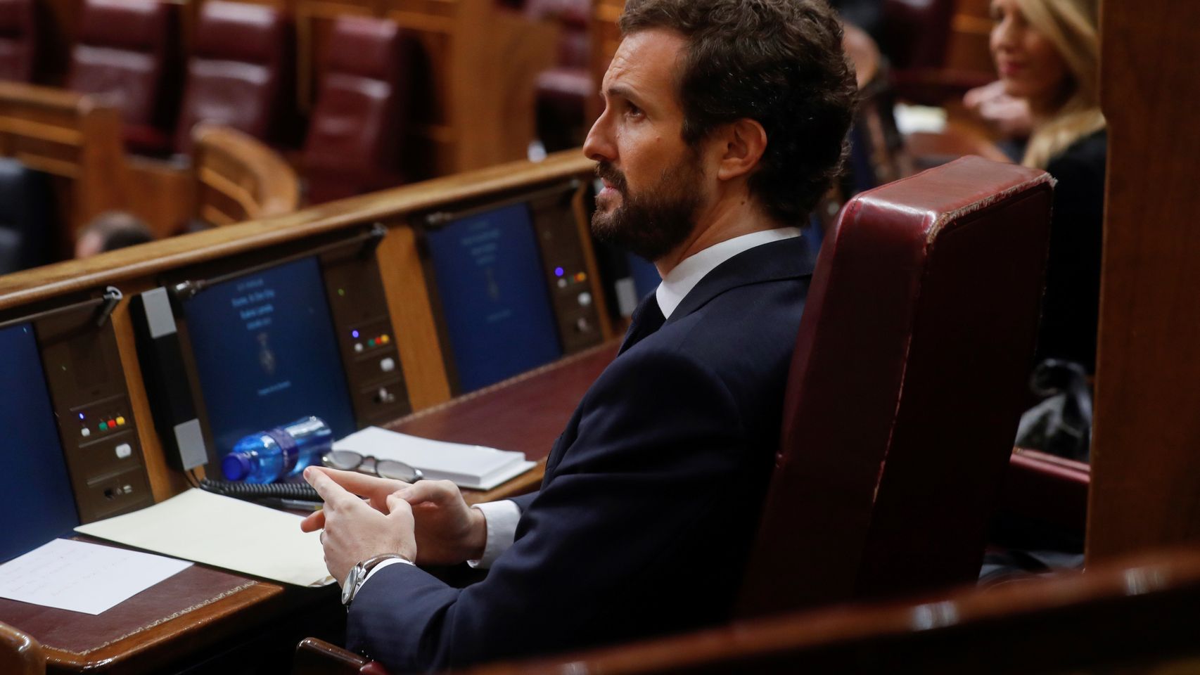 El presidente del PP, Pablo Casado, este miércoles en el Congreso de los Diputados.