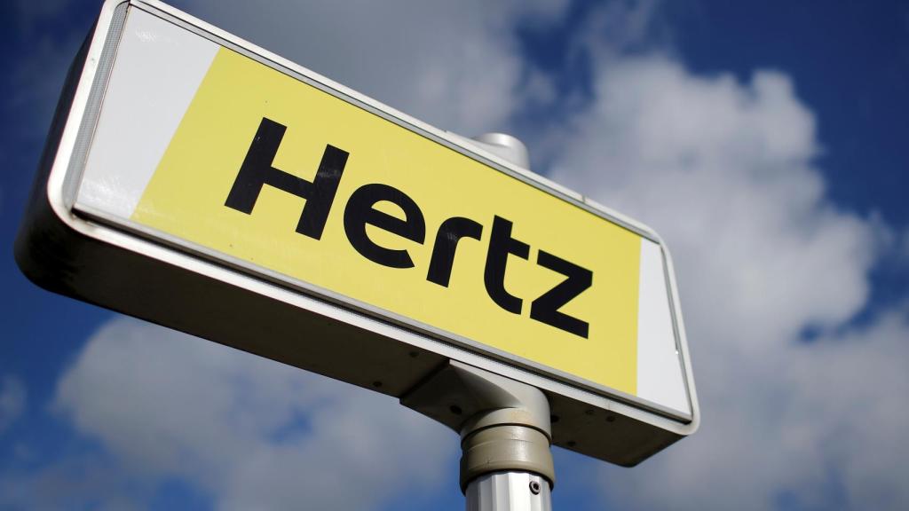 FILE PHOTO: The logo of the American car rental company Hertz is seen at the Nantes-Atlantique airport in Bouguenais near Nantes