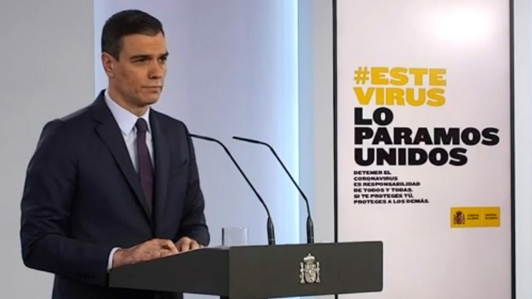 Pedro Sánchez, presidente del Gobierno, comparece en Moncloa.