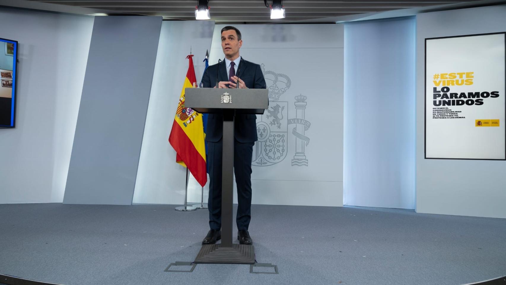 Pedro Sánchez, durante su comparecencia en la Moncloa este sábado.