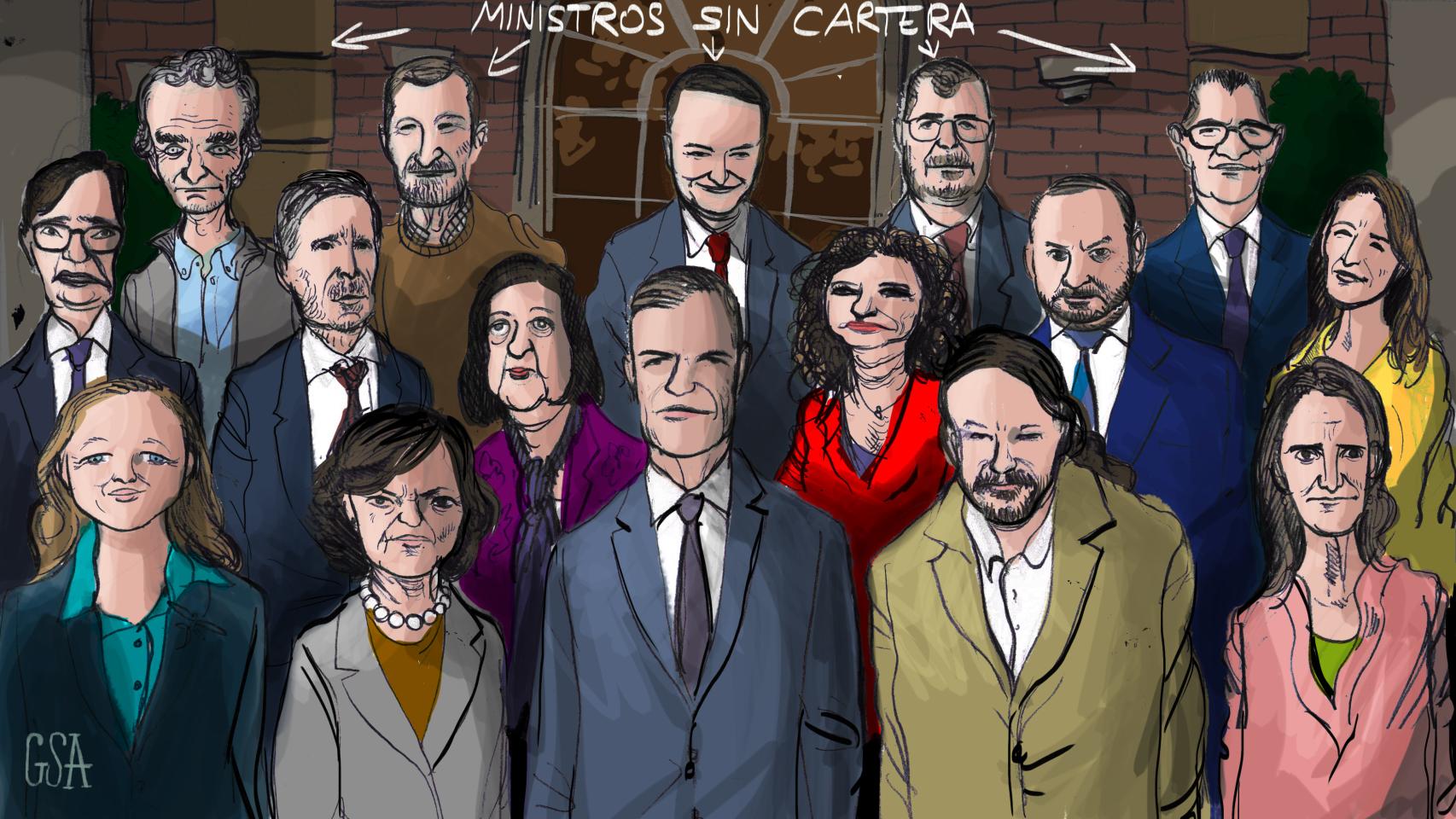 De izquierda a derecha en la parte superior de la ilustración, Fernando Simón, Julio Rodríguez, Iván Redondo, Miguel Ángel Oliver y Félix Bolaños.