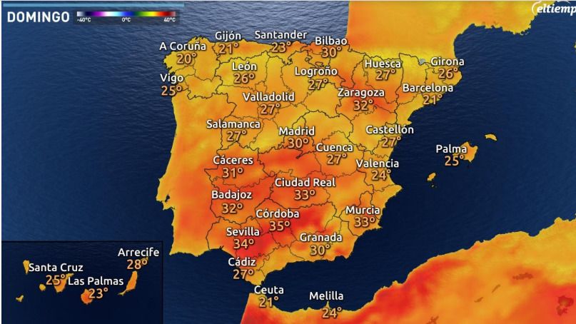 Previsión de temperaturas máximas para el domingo 3 de mayo de 2020 según Eltiempo.es