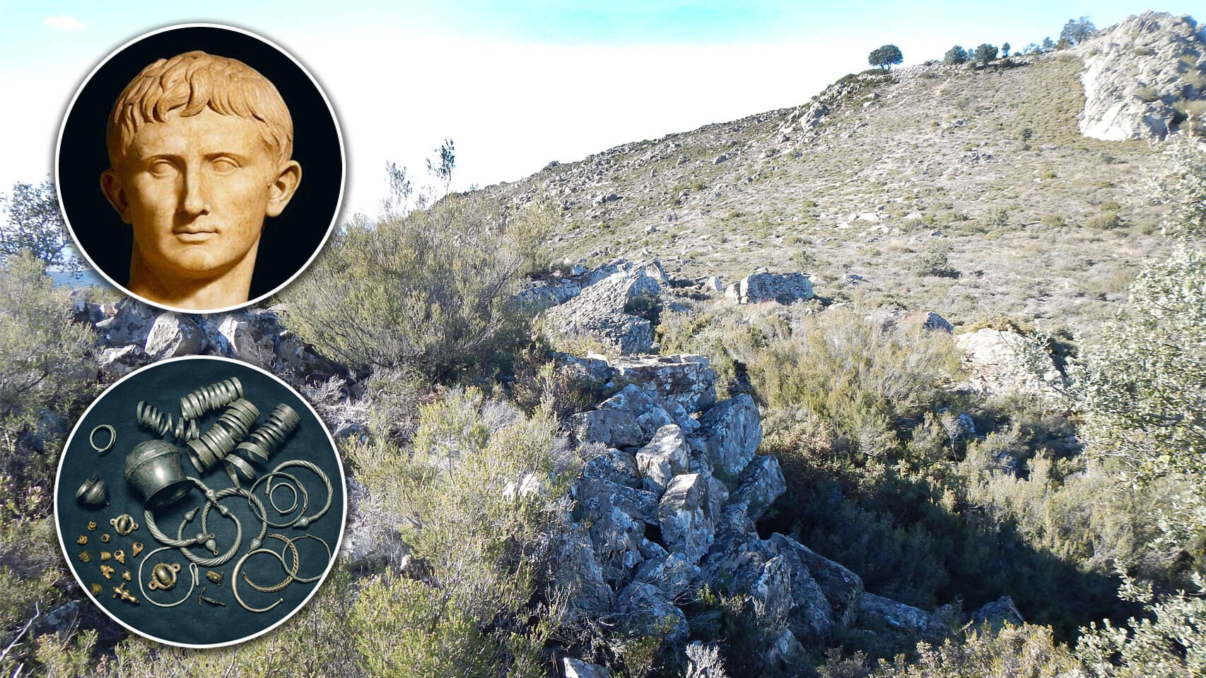 Estatua de Augusto, imagen del tesoro de Arrabalde y la vista vista desde el 'castellum' de la muralla del castro en la zona de El Marrón
