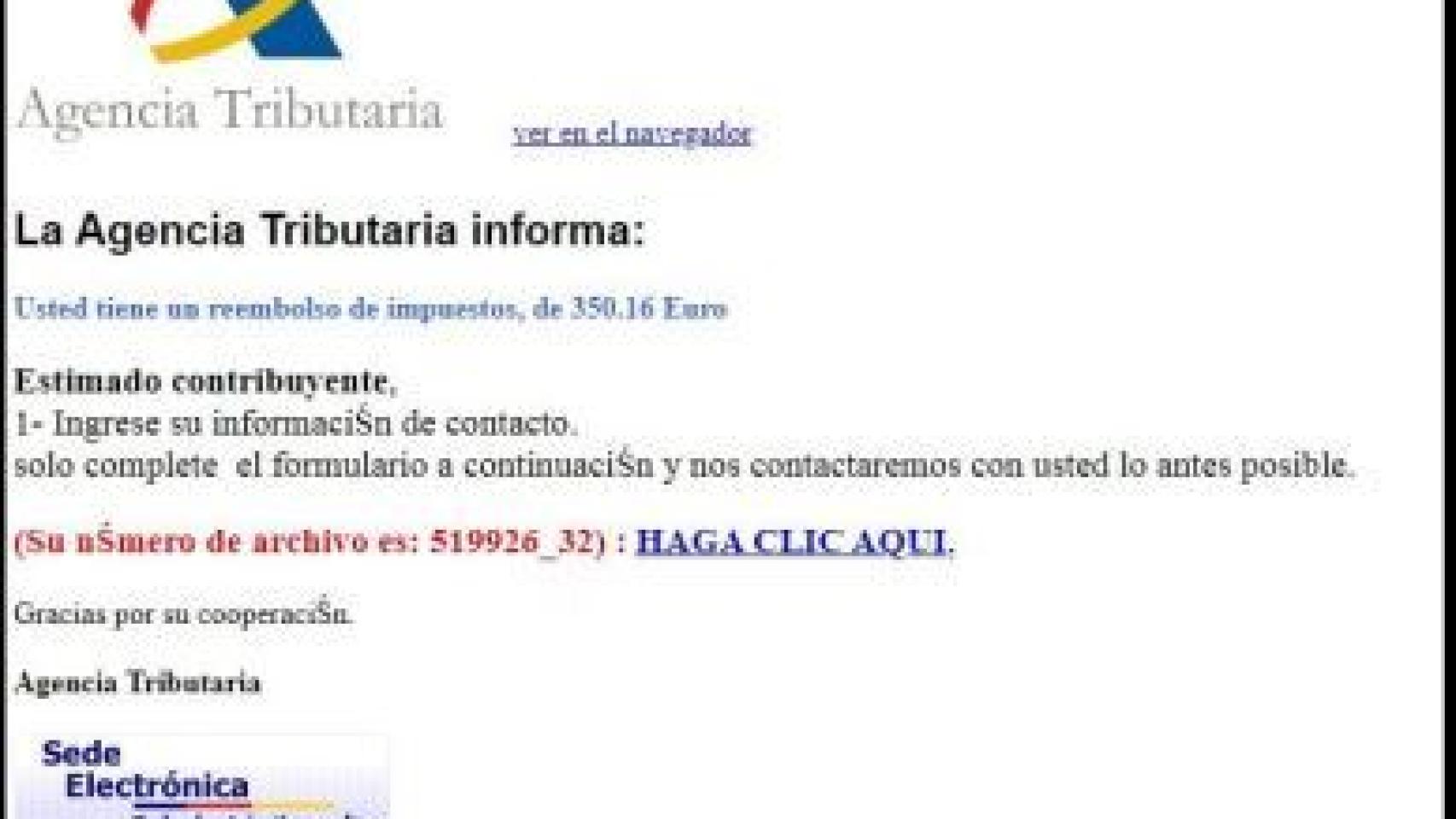 Correo con la estafa.
