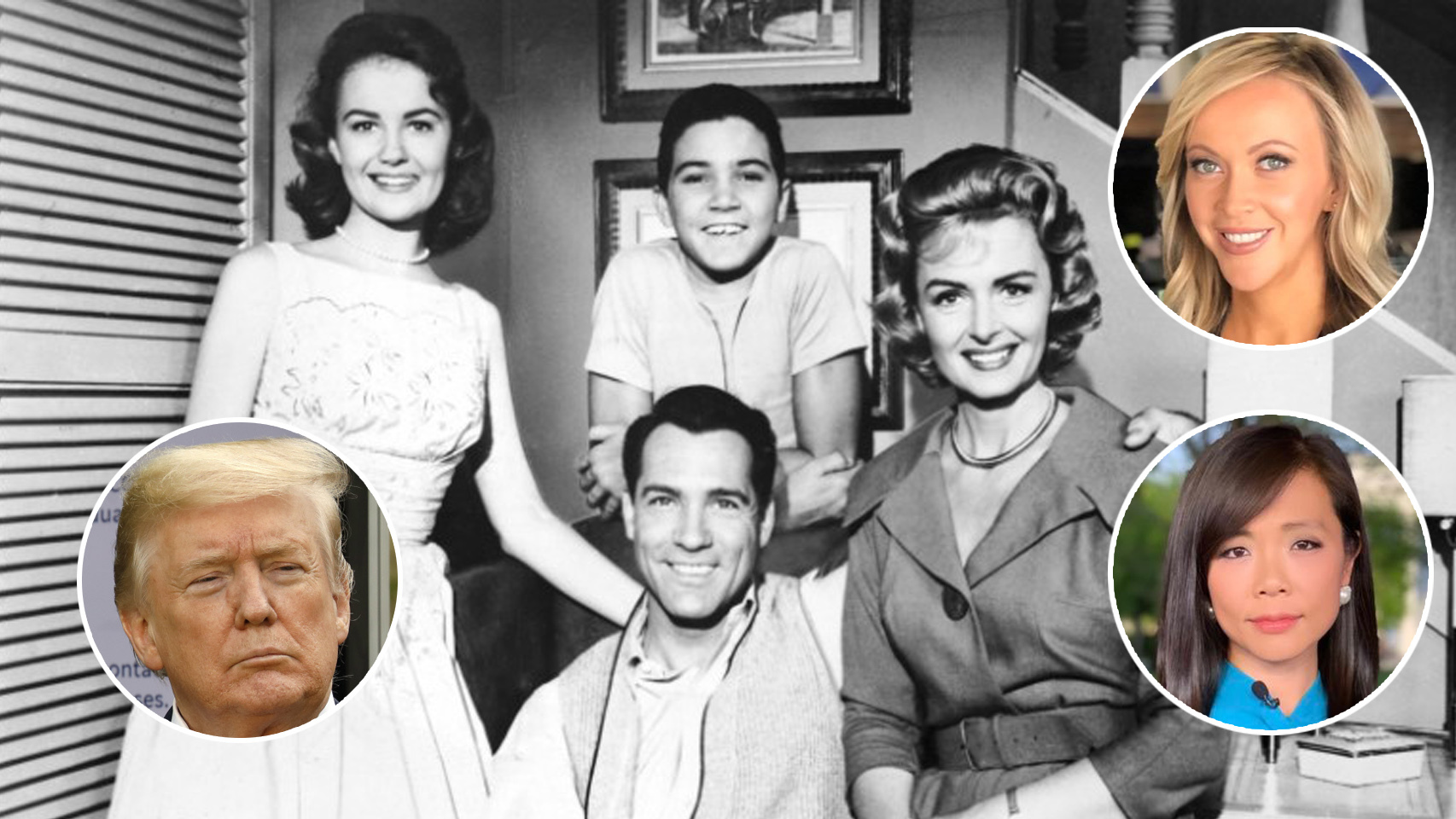 Trump, sobre el fondo de la serie Donna Reed, y las dos periodistas a las que ha insultado.