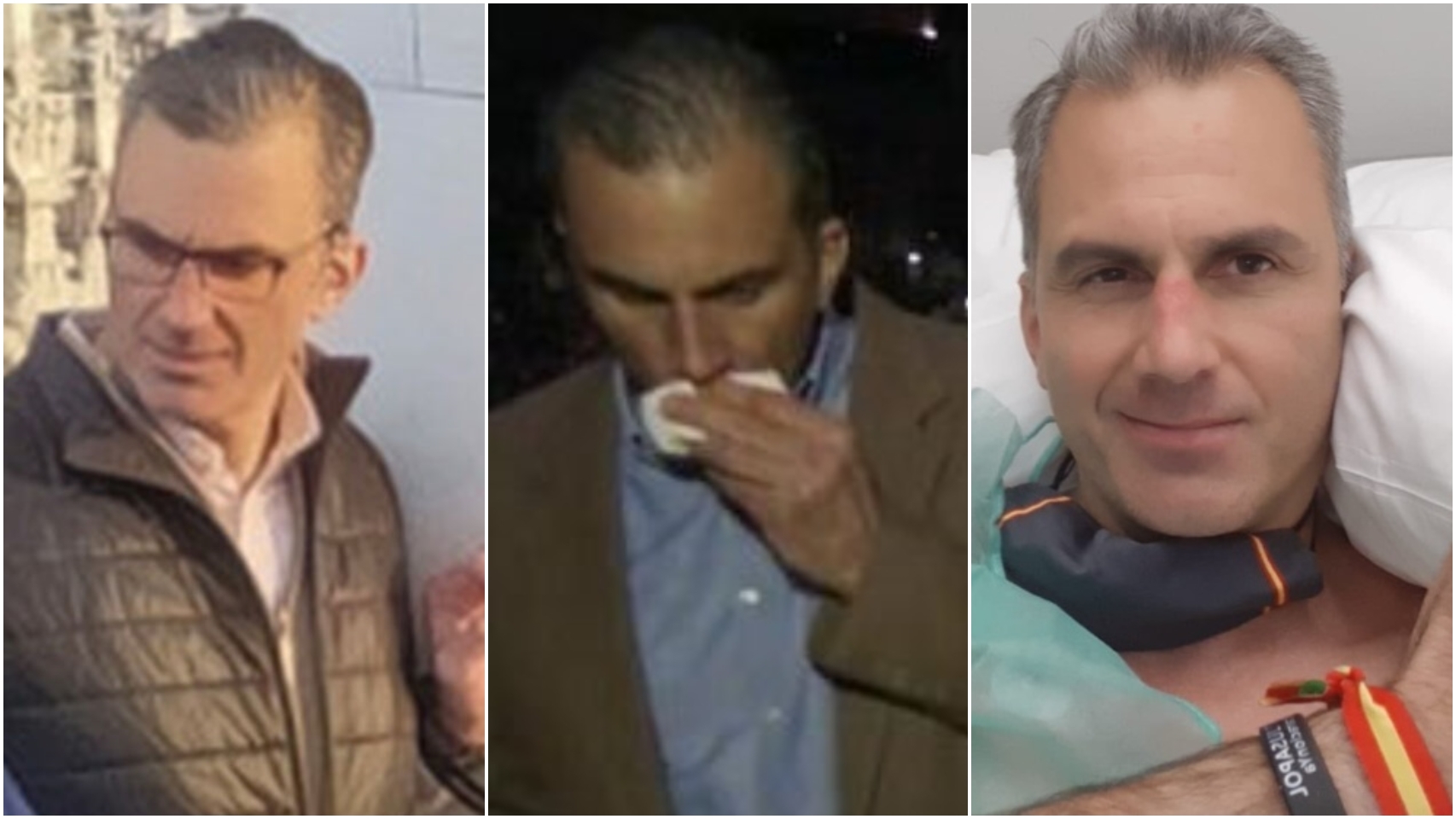 Ortega Smith (de izquierda a derecha) en Milán, en Vistalegre III y en el hospital este martes.