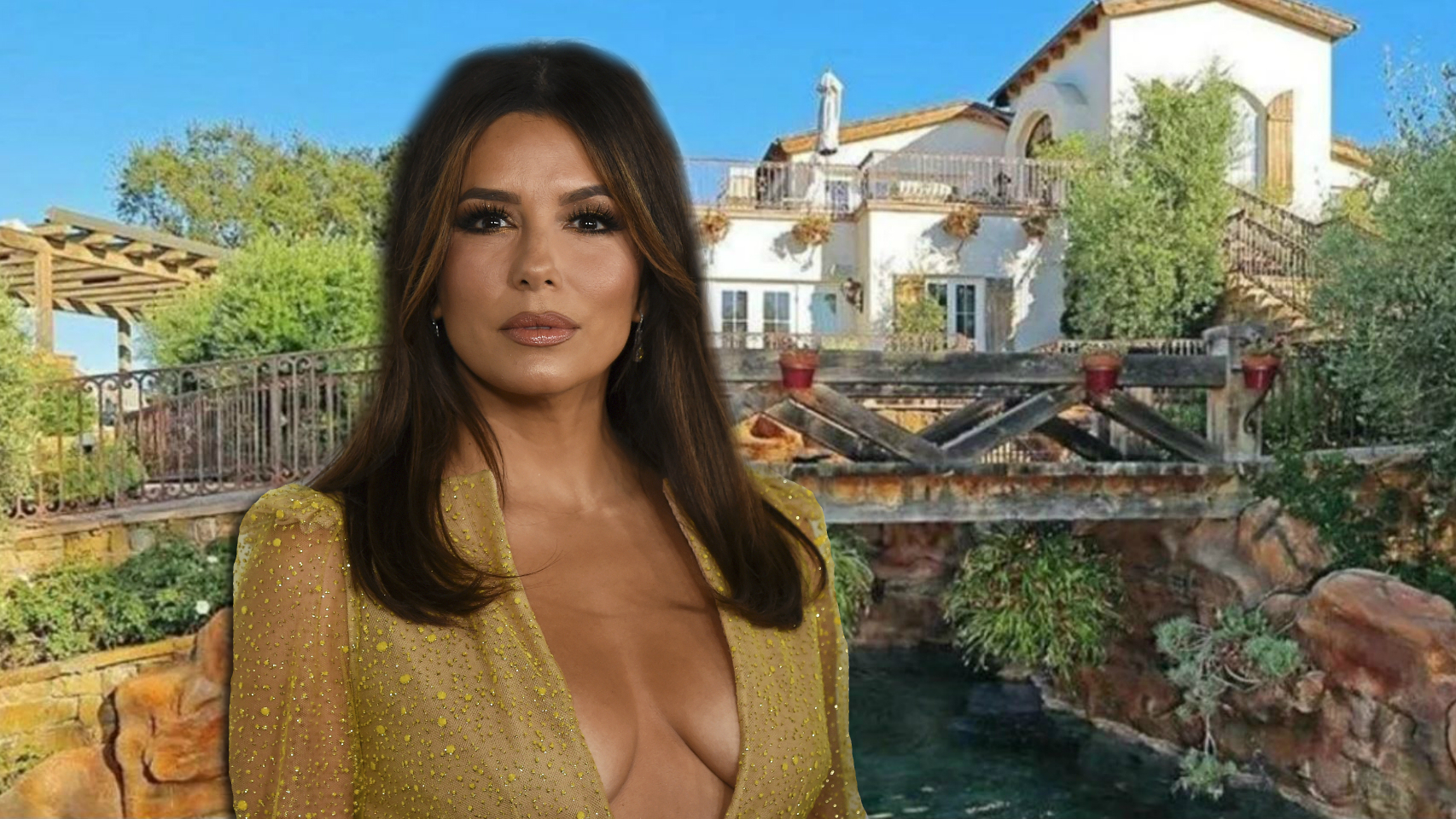 Eva Longoria en un montaje de JALEOS frente a la casa que acaba de vender.