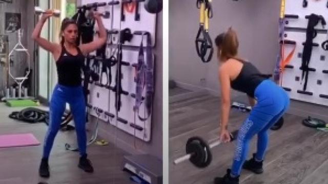 Antonela Roccuzzo, haciendo deporte en el gimnasio de su casa