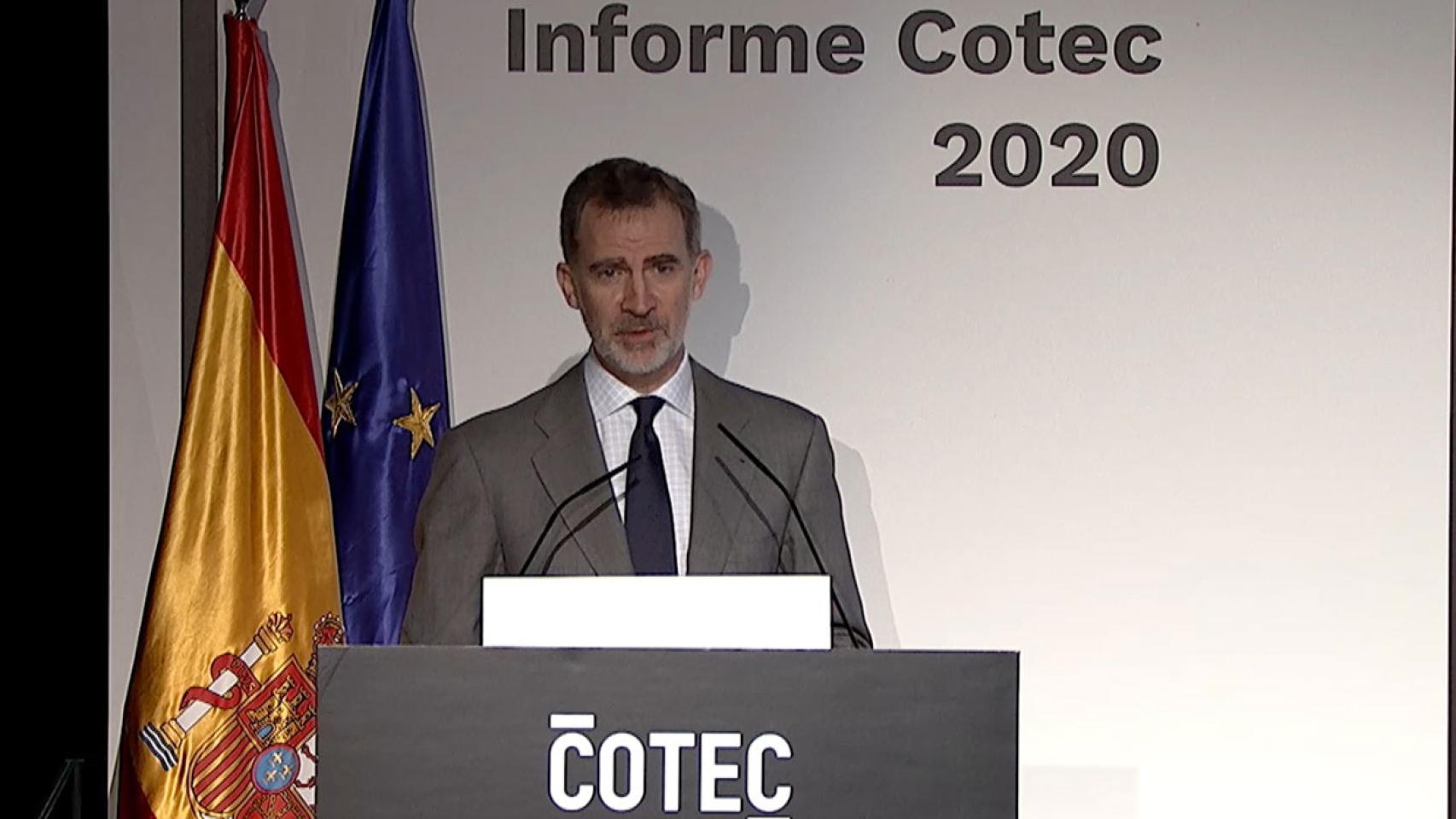 El Rey Felipe VI durante la presentación del Informe Cotec 2020.