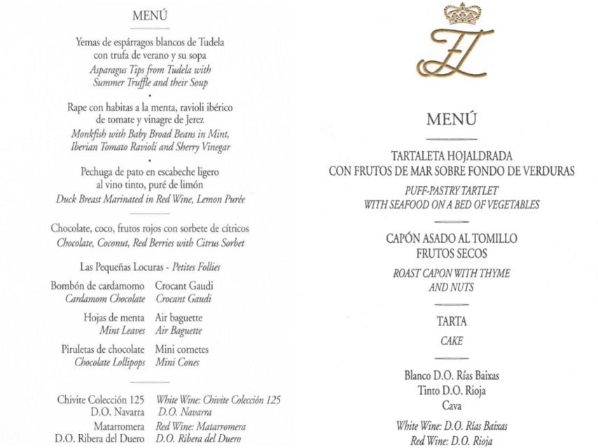 Menú de la cena de preboda y del almuerzo de la boda real del 22 de mayo de 2004.