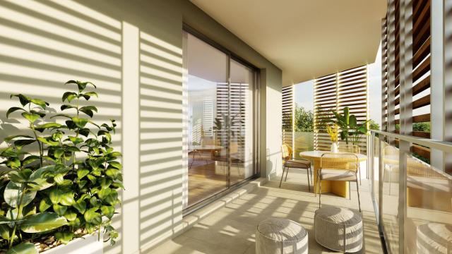 Terraza de las viviendas de la promoción Vasco de Gama con sello Ecoliving® de Aedas Homes en Palma de Mallorca.