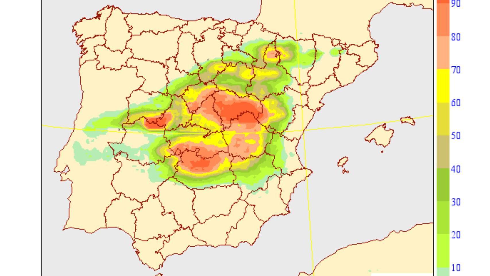 Precipitaciones esperadas por la DANA según AEMET el 26/05/20.