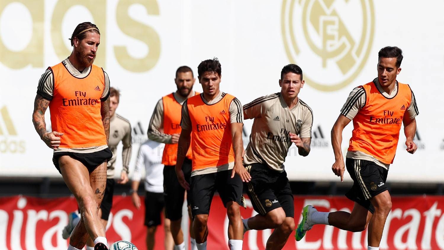 Sergio Ramos, Lucas Vázquez, Brahím Díaz y James Rodríguez, durante el entrenamiento