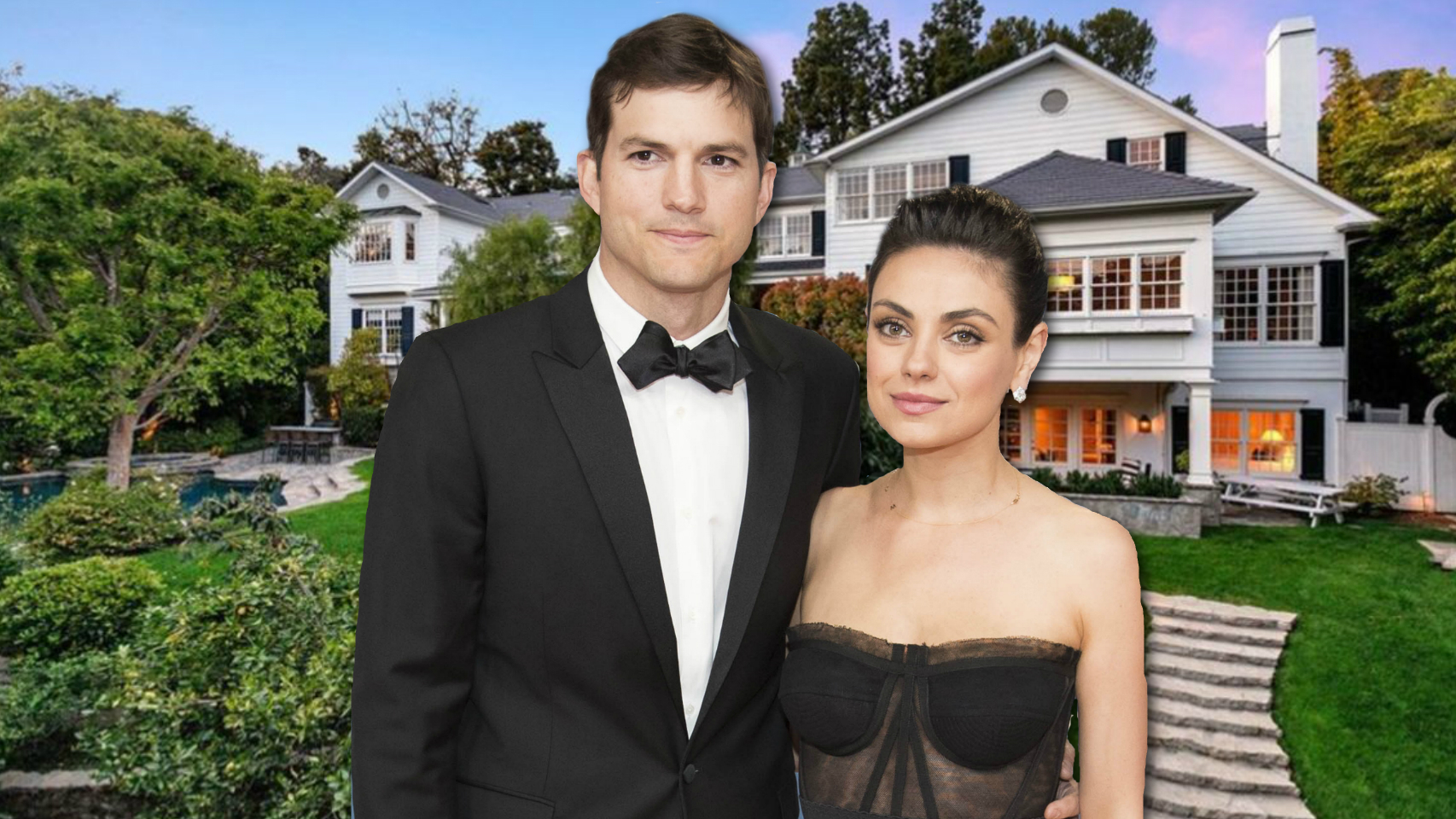 Ashton Kutcher y Mila Kunis en un montaje de JALEOS frente a la casa que han puesto a la venta.