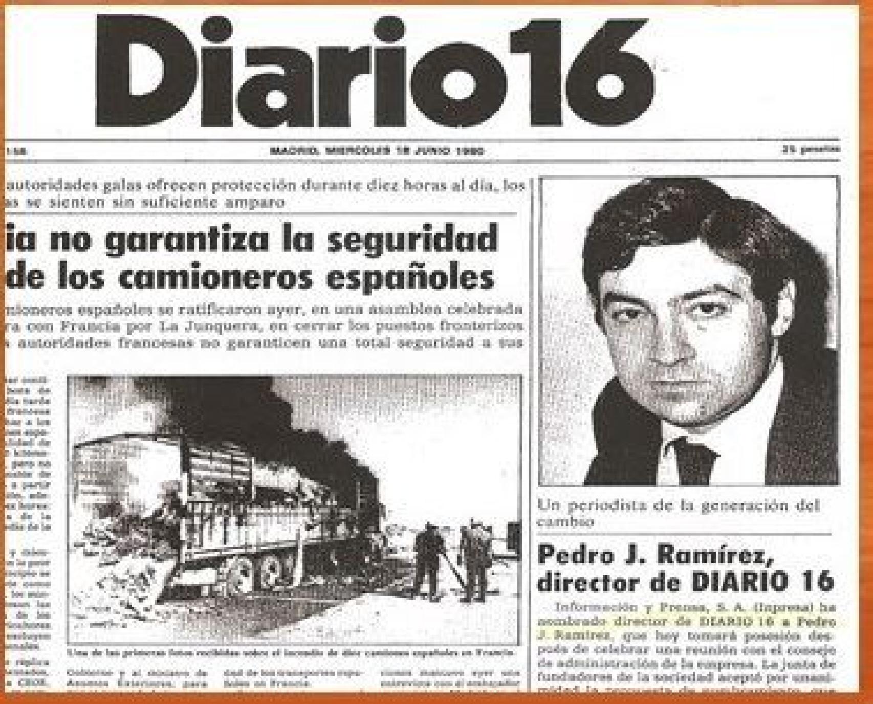 Portada de Diario 16 del 18 de junio de 1980 anunciando el nombramiento de Pedro J. Ramírez como director.
