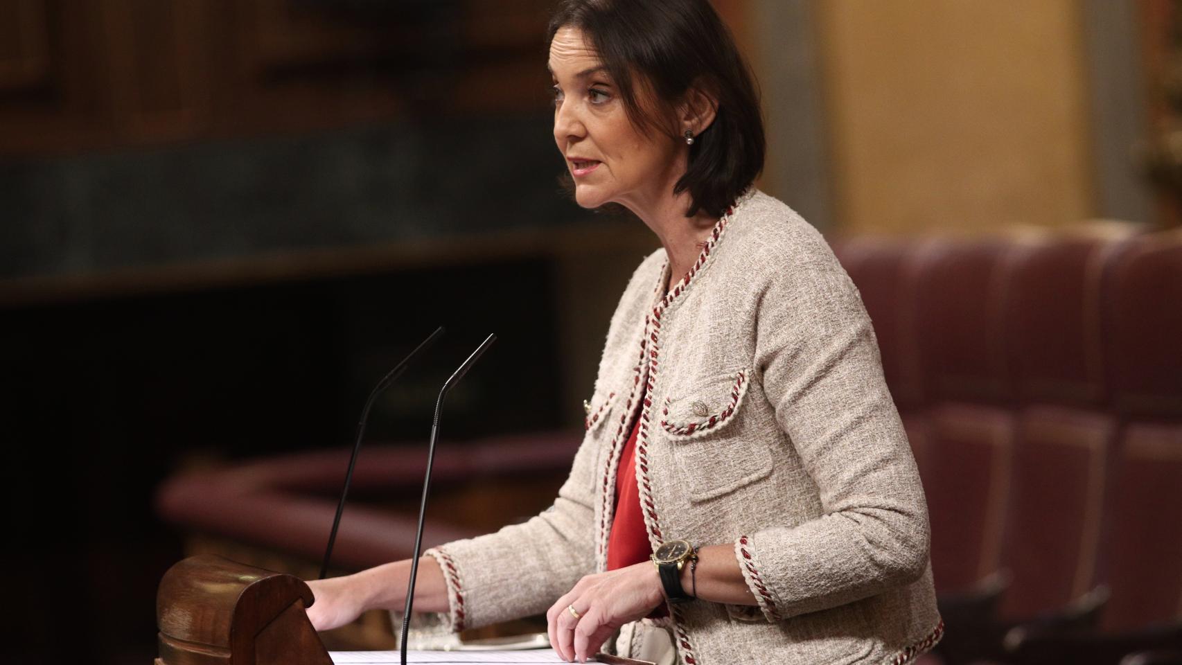 La ministra de Industria, Comercio y Turismo, Reyes Maroto, durante su intervención en el pleno celebrado en el Congreso de los Diputados.
