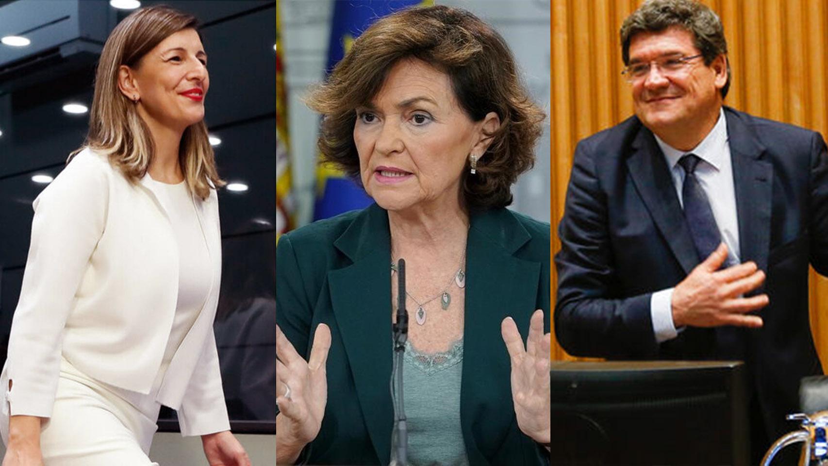 Yolanda Díaz -Trabajo-, Carmen Calvo -vicepresidenta primera- y José Luis Escrivá -Seguridad Social- .