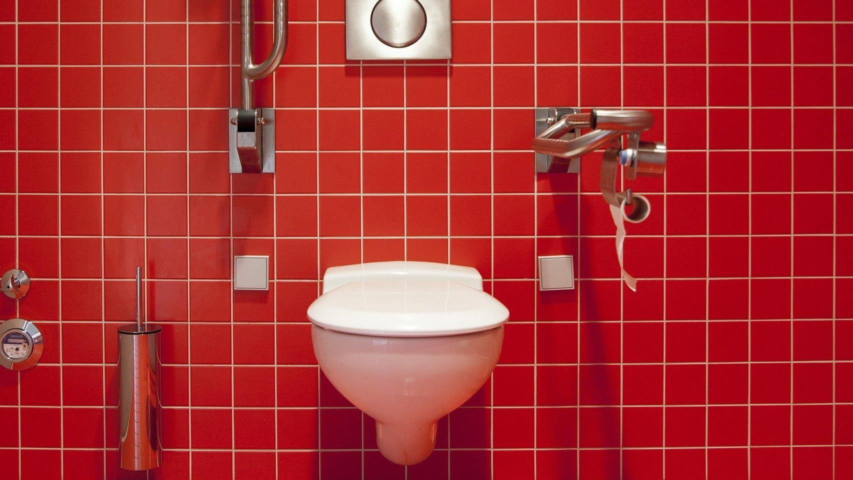 Un moderno baño con el alicatado de color rojo.