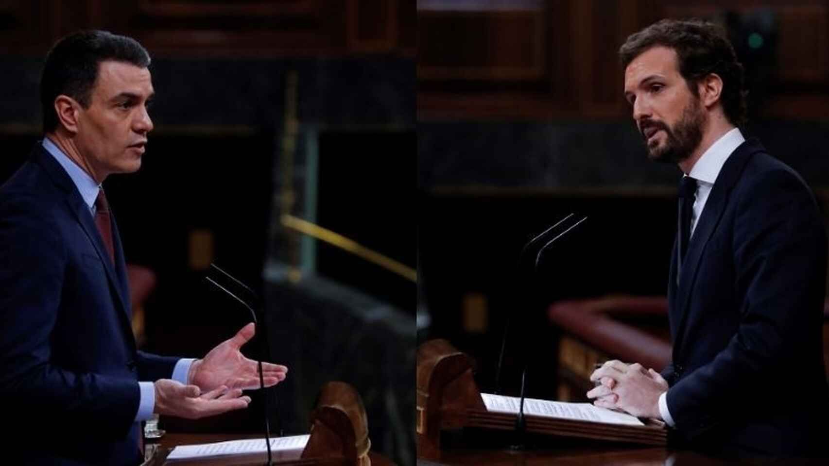 El presidente del Gobierno, Pedro Sánchez, y el líder del PP, Pablo Casado, en el Congreso.