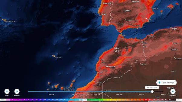 Entre el lunes y el martes gran parte del interior peninsular llegará hasta la marca de 40 ºC. Meteored-tiempo.com